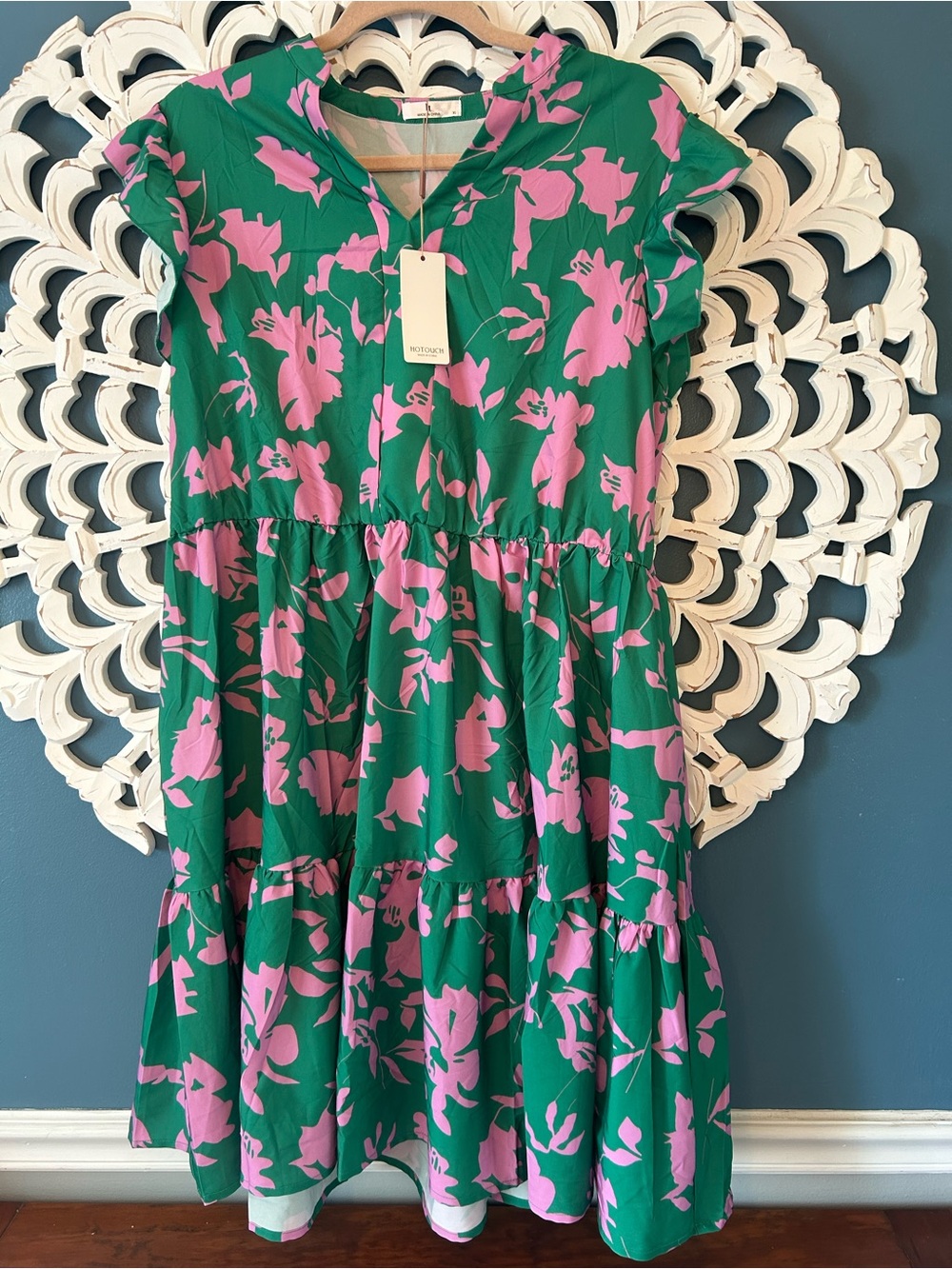 NWT Hotouch Green and Pink Floral Ruffle Swing Dress w/pocketa